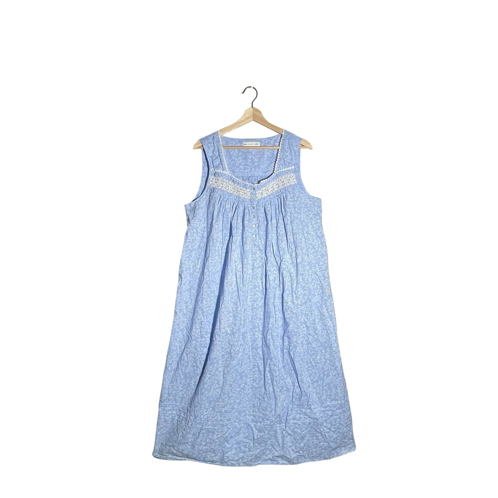 Eileen West Blue Floral Cotton Lawn Sleeveless Nightgown Lace Trim Large